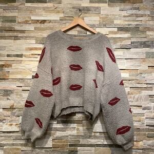 POL M Lip Print Sweater | Distressed Gray, Oversized, Grunge Coquette NWOT